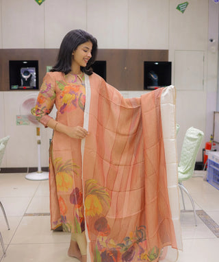 Peach Orange Kurti with Shawl – Floral Pure Muslin