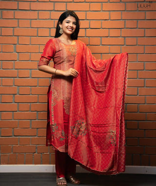 Terracotta Coral Bloom Hand Embroidered Muslin 3 Piece Set