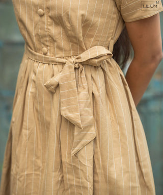 Cotton Maxi Dress in Stone Beige Lines with Pockets