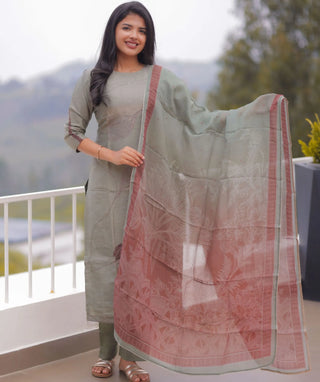 Misty Sage Whisper Hand Embroidered Muslin 3 Piece Set