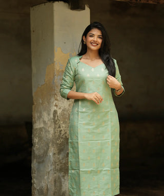 Green Prosperity Banaras Silk Kurti with Open Slit