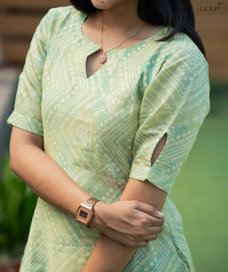 Lime Green Abstract A-Line Kurti in Rayon Cotton