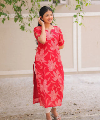 Scarlet Bloom Red Foil Crush Crepe Kurti – Festive Chic