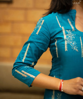 Persian Teal Pure Muslin 3-Piece Set with Zari Work