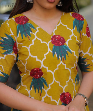 Marigold Mosaic Cotton Kurti with Elbow Sleeves – Everyday Comfort