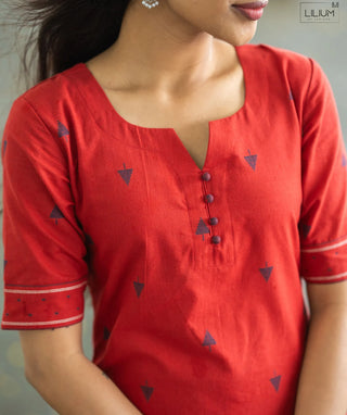 Garnet Red Cotton Handloom Coord Dress - Casual Wear