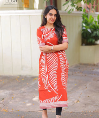 Coral Flame Cotton Kurti – Elbow Sleeve Casual Wear
