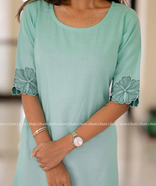 Pastel Green Cotton Kurti with Embroidery - Casual Wear