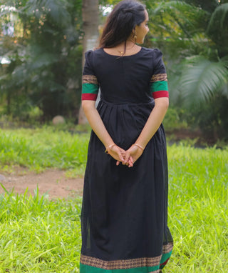 Midnight Noir Cotton Handloom Maxi with Temple Zari Border