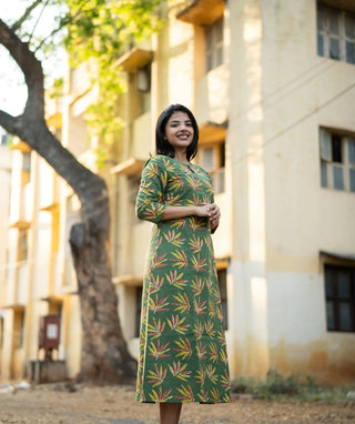 Verdant Haldi Grove Cotton A-Line Kurti with Pockets
