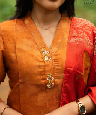 Burnt Amber Glow Hand Embroidered Muslin Kurti with Shawl
