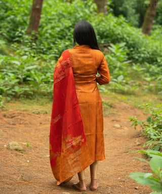 Burnt Amber Glow Hand Embroidered Muslin Kurti with Shawl