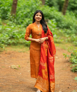 Burnt Amber Glow Hand Embroidered Muslin Kurti with Shawl