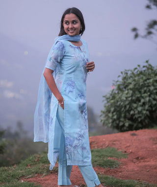 Aqua Mist Embroidered Cotton 3 Piece Festive Wear Set