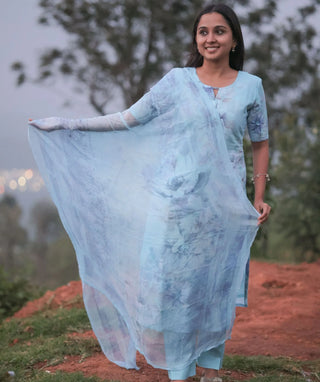Aqua Mist Embroidered Cotton 3 Piece Festive Wear Set