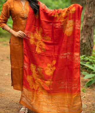Burnt Amber Glow Hand Embroidered Muslin Kurti with Shawl