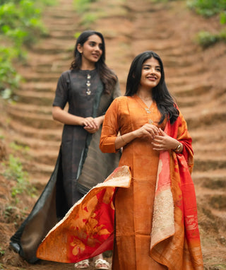 Burnt Amber Glow Hand Embroidered Muslin Kurti with Shawl
