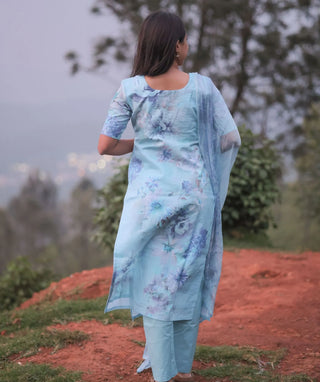 Aqua Mist Embroidered Cotton 3 Piece Festive Wear Set