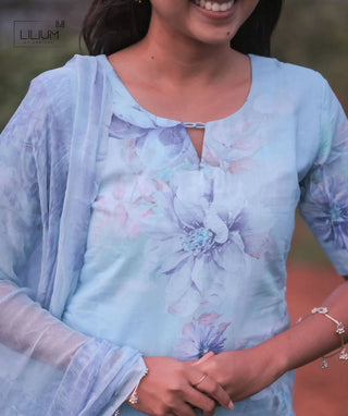 Aqua Mist Embroidered Cotton 3 Piece Festive Wear Set