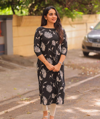 Noir Petals Cotton Kurti – Casual 3/4 Sleeve Everyday Wear
