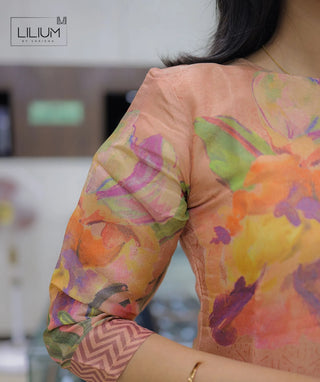 Peach Orange Kurti with Shawl – Floral Pure Muslin