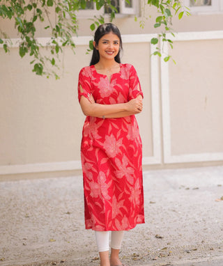 Scarlet Bloom Red Foil Crush Crepe Kurti – Festive Chic