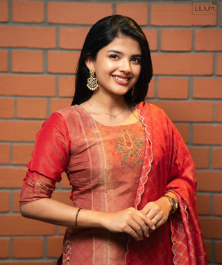 Terracotta Coral Bloom Hand Embroidered Muslin 3 Piece Set