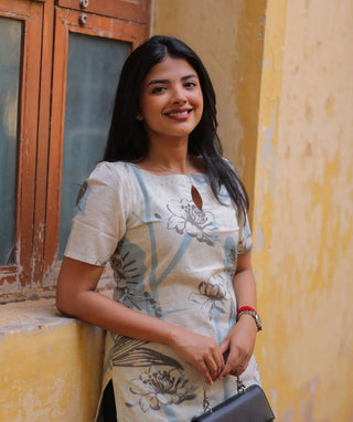 Misty Blue Slate Cotton Kurti with Elbow Sleeves