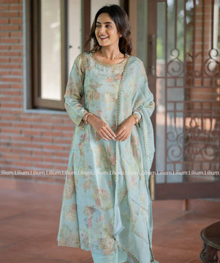 Pastel Green Tussar Silk 3-Piece Set with Embroidery