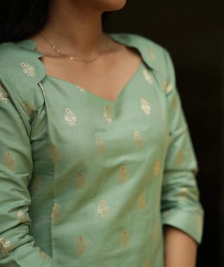 Green Prosperity Banaras Silk Kurti with Open Slit