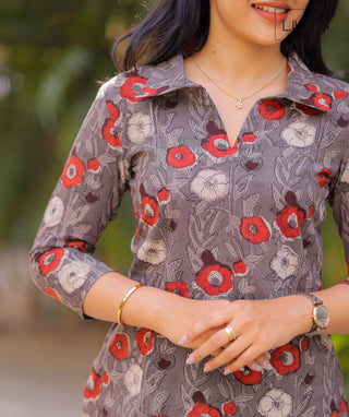 Grey Handblock Cotton Short Top with Red Blossom