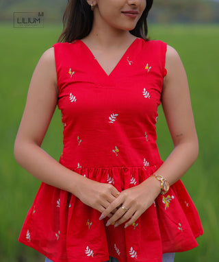 Carmine Red Embroidered Blossom Mul Cotton Short Top