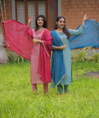 Azure Lotus Tissue Silk 3-Piece Set with Pockets