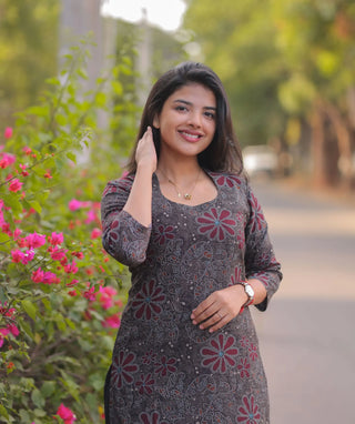 Charcoal Maroon Bloom Muslin Kurti for Women