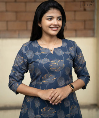 Stormy Slate Blue A-Line Cotton Kurti with Pockets
