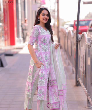 Blush Lotus Cotton 3 Piece Set with Pockets for Women