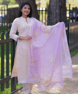 Ivory Blush Embroidered Cotton 3 Piece Festive Suit Set