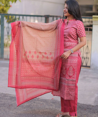 Vintage Fuchsia Cotton 3 Piece Set with Hand Embroidery