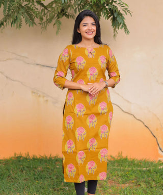 Golden Marigold Mustard Cotton Kurti | 3/4 Sleeve