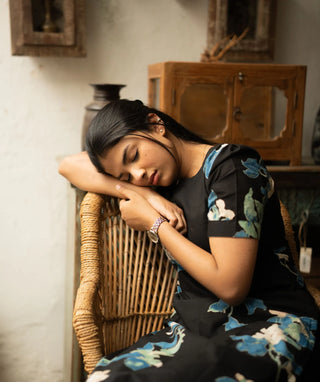 Midnight Bloom Noir Cotton Kurti with Elbow Sleeves