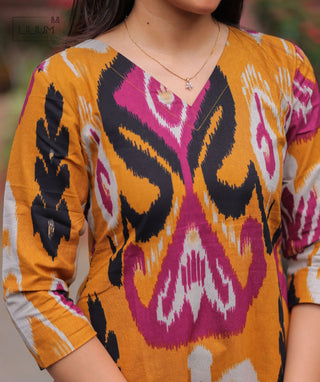 Amber Ikat Cotton A-Line Kurti with 3/4 Sleeves