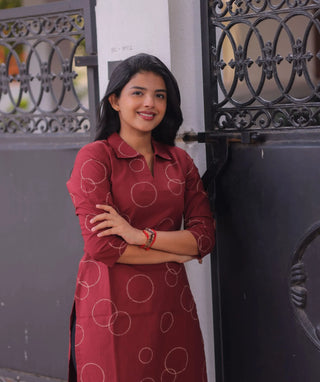 Crimson Merlot Cotton Kurti with 3/4 Sleeves