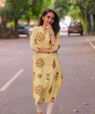 Chic Buttercream Blossom Cotton Kurti for Daily Wear