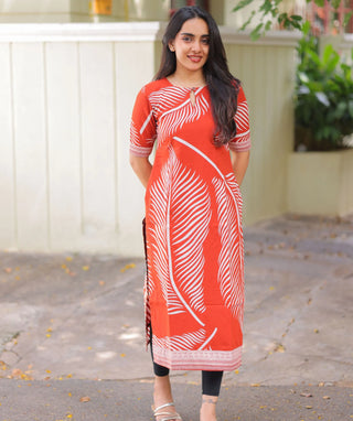 Coral Flame Cotton Kurti – Elbow Sleeve Casual Wear