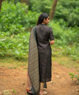 Espresso Black Velvet Hand Embroidered Kurti with Shawl