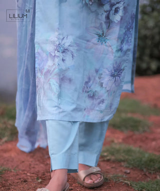 Aqua Mist Embroidered Cotton 3 Piece Festive Wear Set