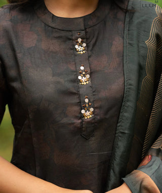 Espresso Black Velvet Hand Embroidered Kurti with Shawl