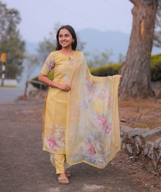 Golden Marigold Embroidered Cotton 3 Piece Festive Set