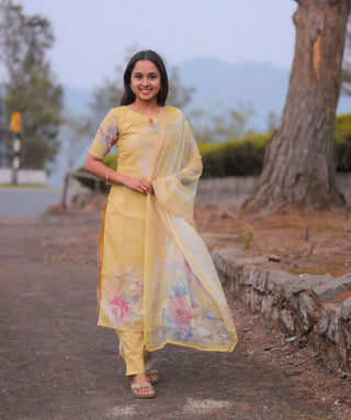 Golden Marigold Embroidered Cotton 3 Piece Festive Set