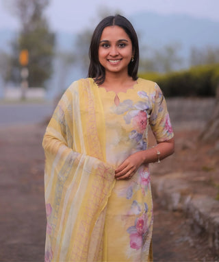 Golden Marigold Embroidered Cotton 3 Piece Festive Set